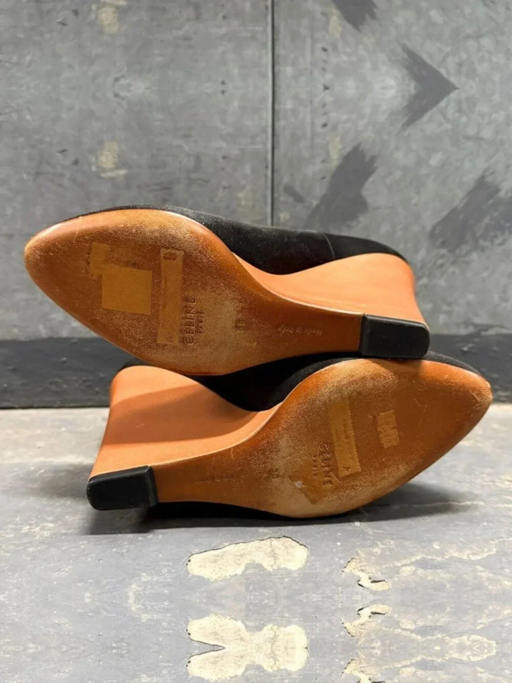 CELINE PHOEBE PHILO ERA BLACK SATIN WEDGE ANKLE STRAP SHOES